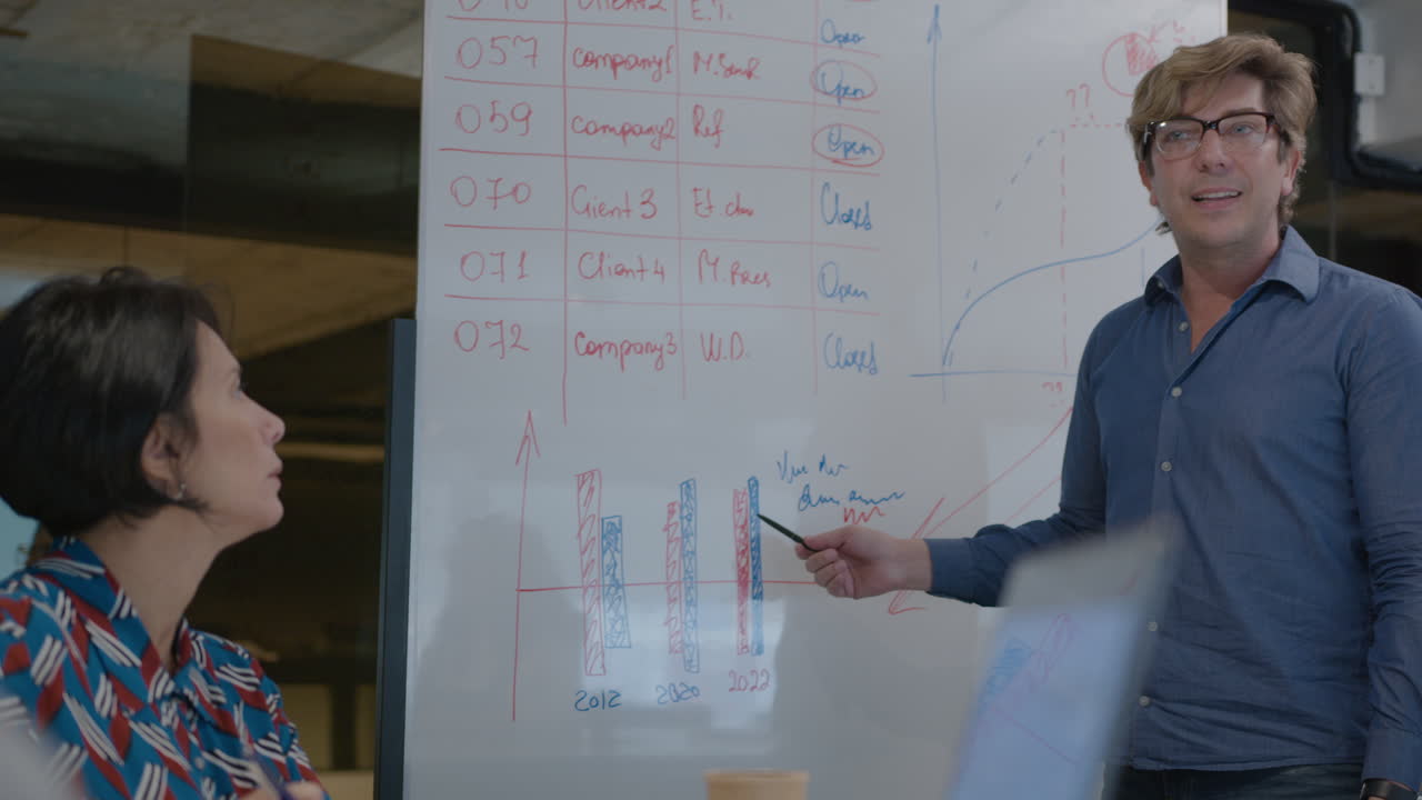 Mid-Aged Businessman Giving Presentation and Speaking with Colleagues