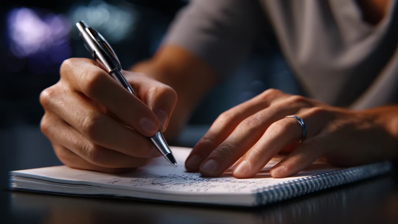 A Close-Up Perspective on the Art of Writing: Capturing the Intention and Focus of Hands Engaged in Note-Taking with a Pen on a Notebook Amidst a Dimly Lit Background