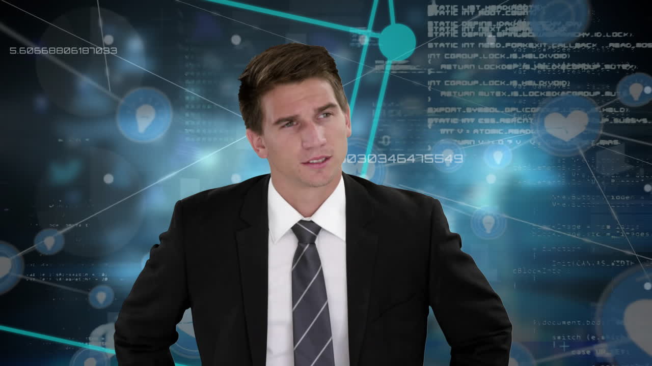 카우카스계 사업가와 어두운 배경의 데이터 처리의 애니메이션