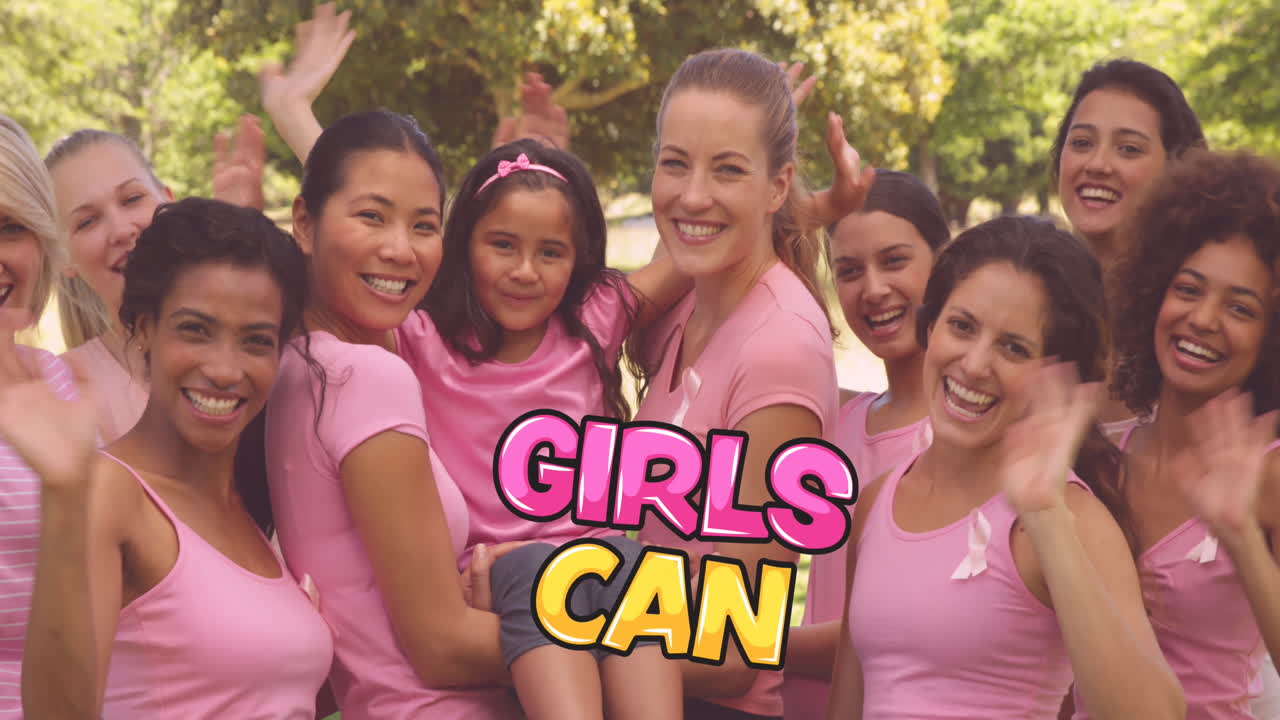 Animation des Textes "Girls Can" über einer Gruppe Freundinnen.