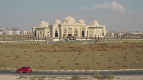 massive mosque of al qasimiya in university road sharjah city united arab emirates - wide shot