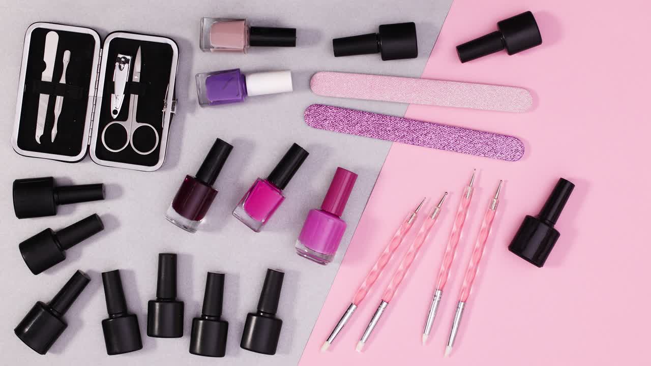 Nail manicure and pedicure accessories appear on silver pink theme. Stop motion