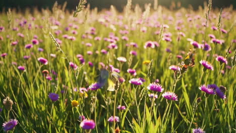 butterfly in a field of flowers at sunset