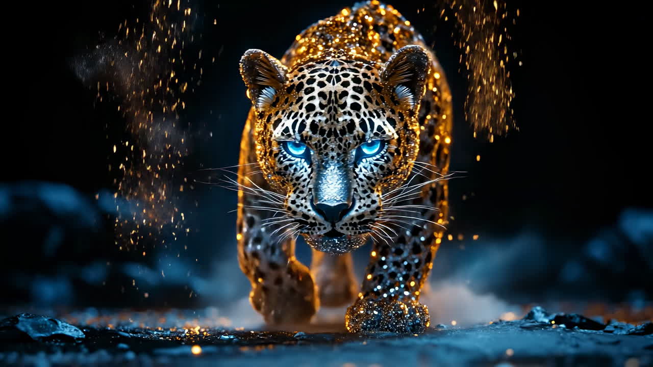 Glowing leopard walking in dark night. A leopard with shimmering fur steps forward in a dark space, showcasing bright blue eyes and sparkling details