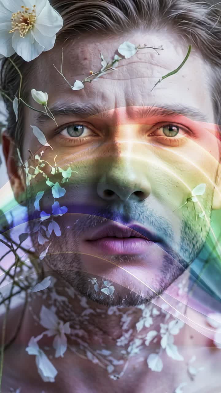 Vertical video: Emerging rainbow from left sweeping across shirtless model in studio, with petals