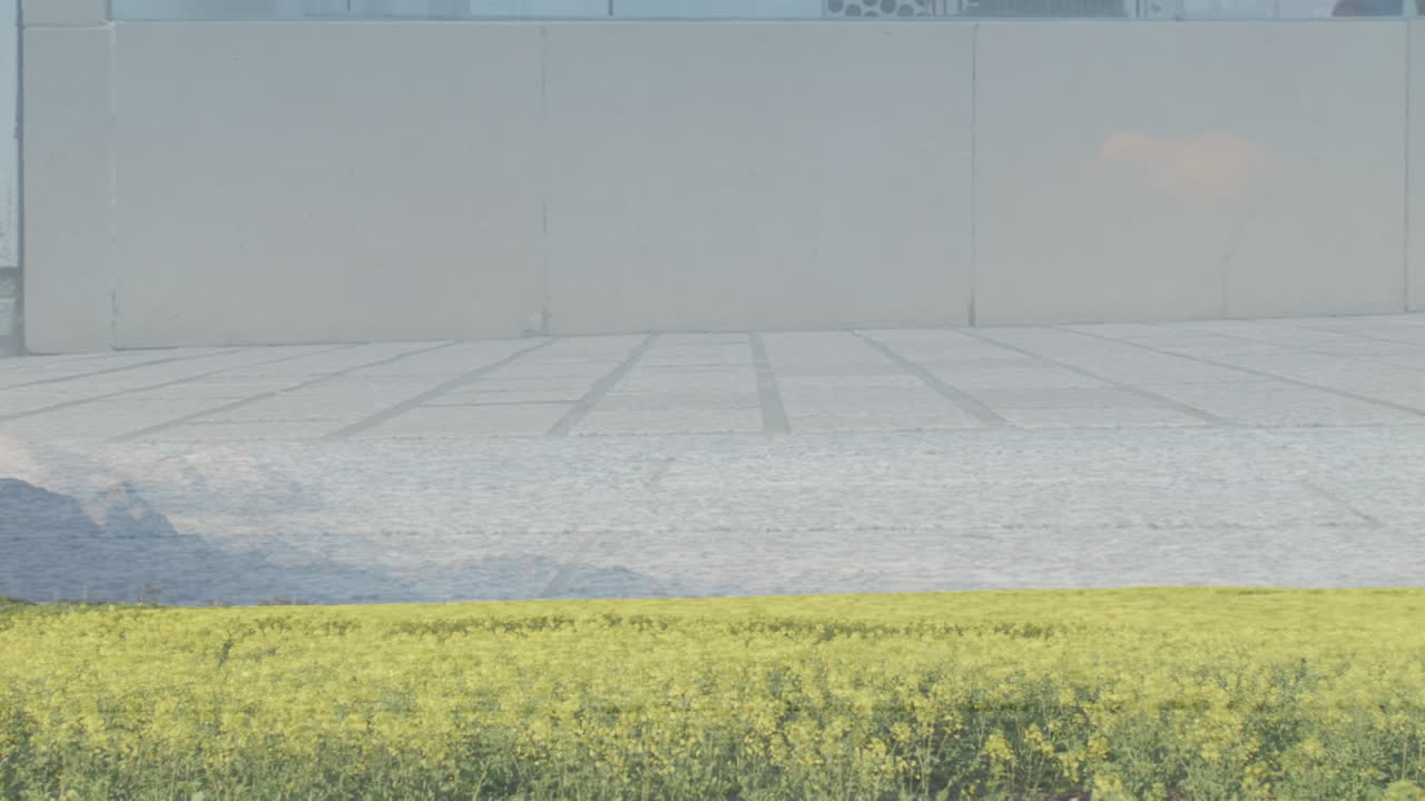 Landscape with tall grass and mountains against time-lapse of low section of people walking