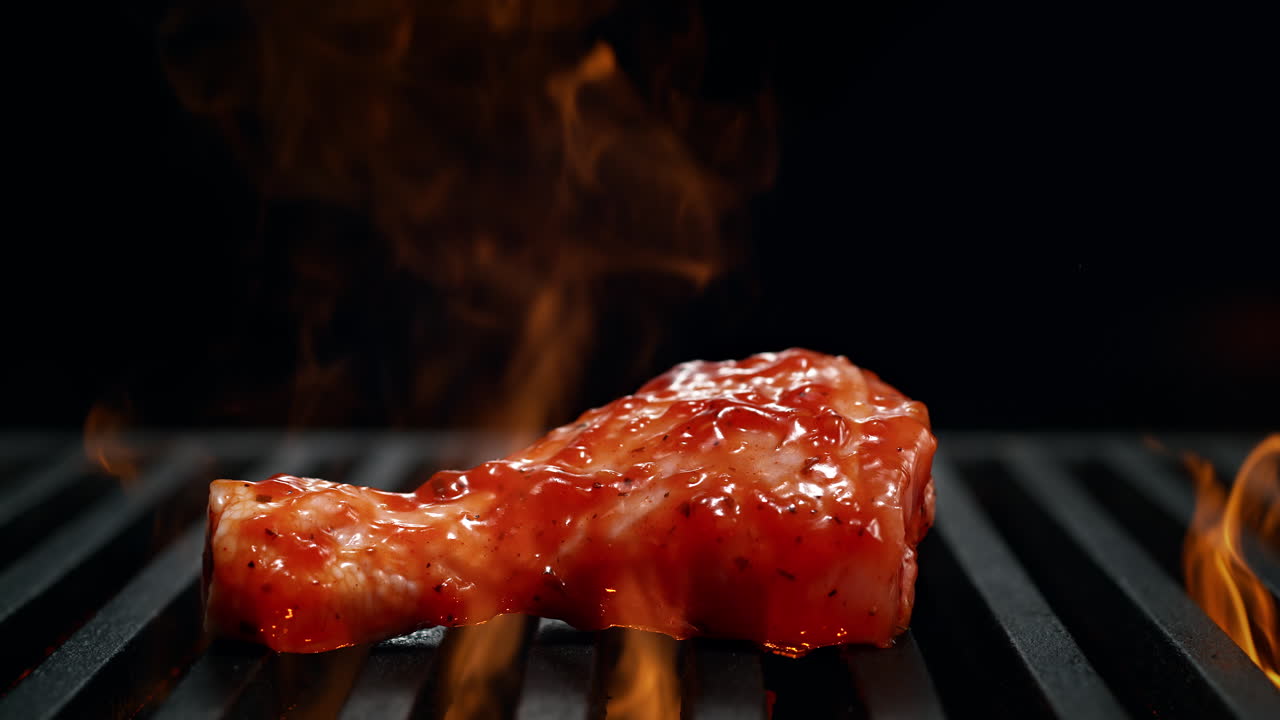 Marinated Chicken Thigh Falling Onto The Grill Grate Flaming In Slow Motion, BBQ on the Black Background