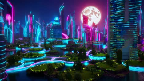 neon cityscape at night under the full moon