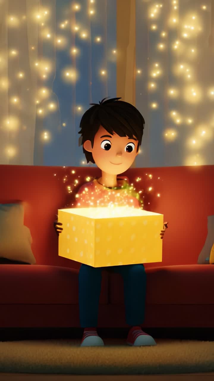 A Young Boy's Magical Discovery: Unveiling the Secrets of a Glimmering Gift Box in a Cozy, Enchanted Living Room Filled with Sparkling Lights and Joyful Anticipation, Capturing the Essence of Wonder and Imagination