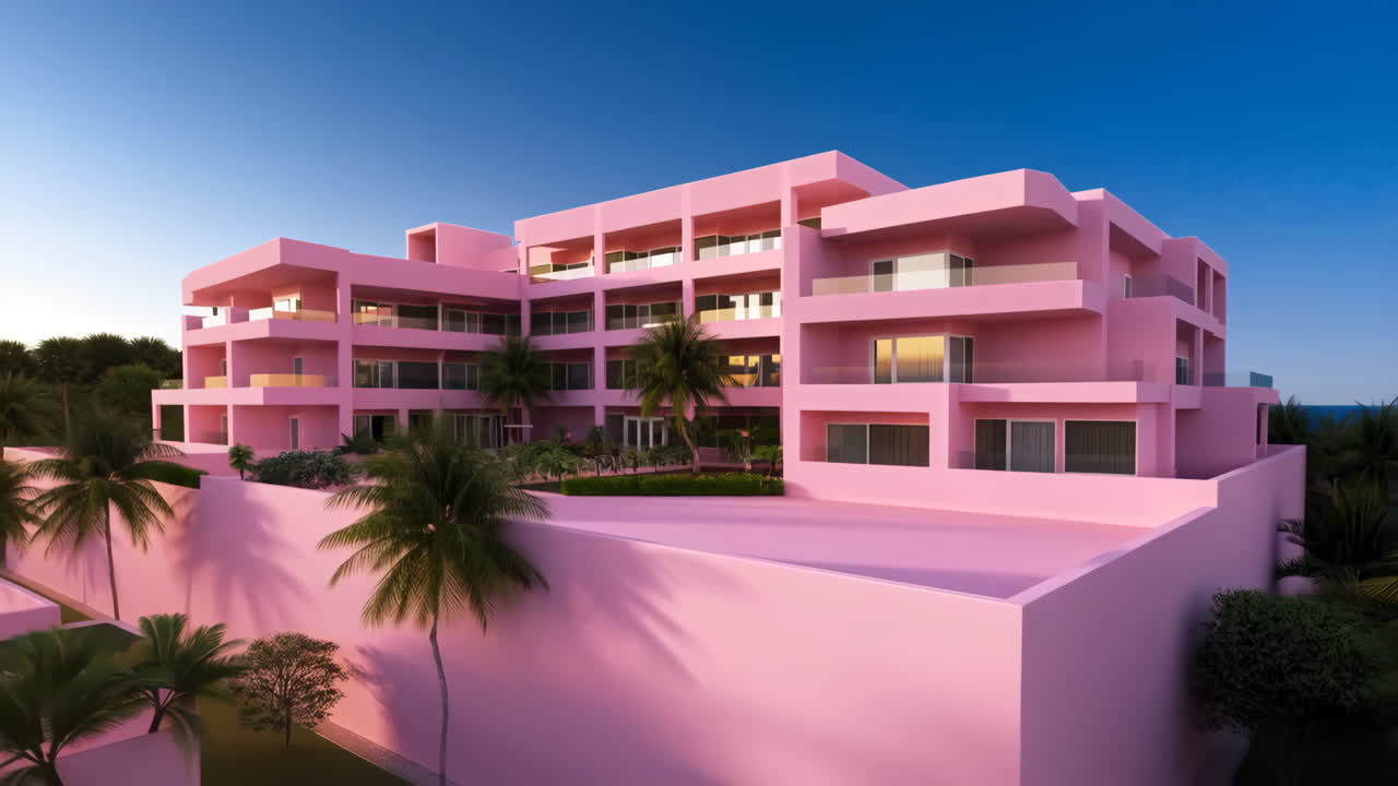 Vibrant Pink Modern Building Amidst Palm Trees