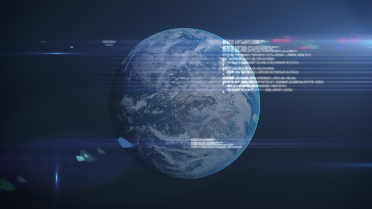 Animation of data processing and glowing light trails over planet earth