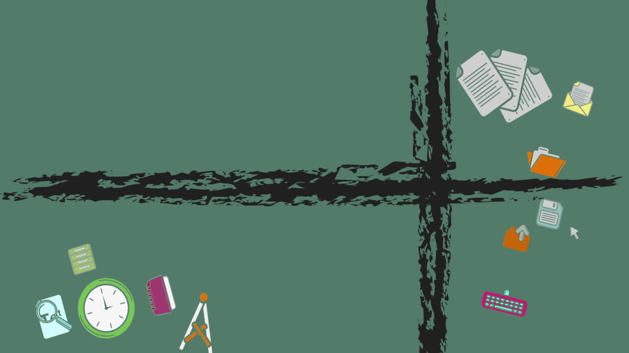 추상적인 배경에 검은색 페인트 위에 여러 아이콘의 애니메이션