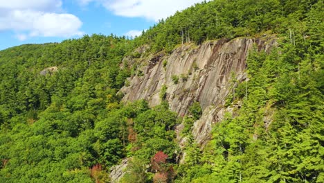 aerial footage push in towards forested cliff with lone climber in blue