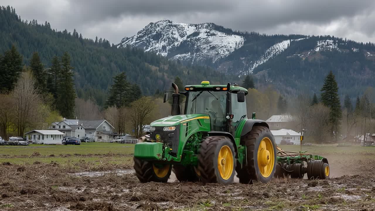 En kraftfuld traktor bearbejder jorden i en naturskøn bjergdal, der viser landbrugsaktivitet blandt frodige landskaber og majestætiske tinder.