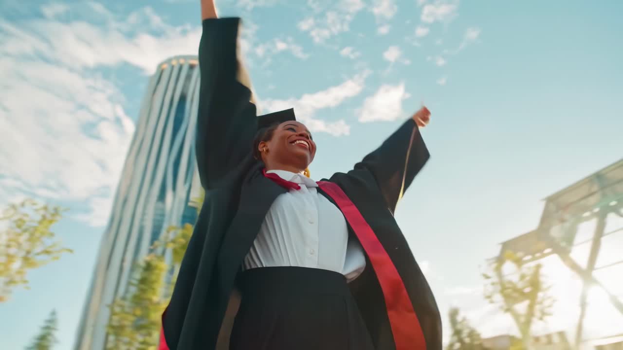 Low-angle video of a joyful graduate in cap and gown, celebrating under a clear sky