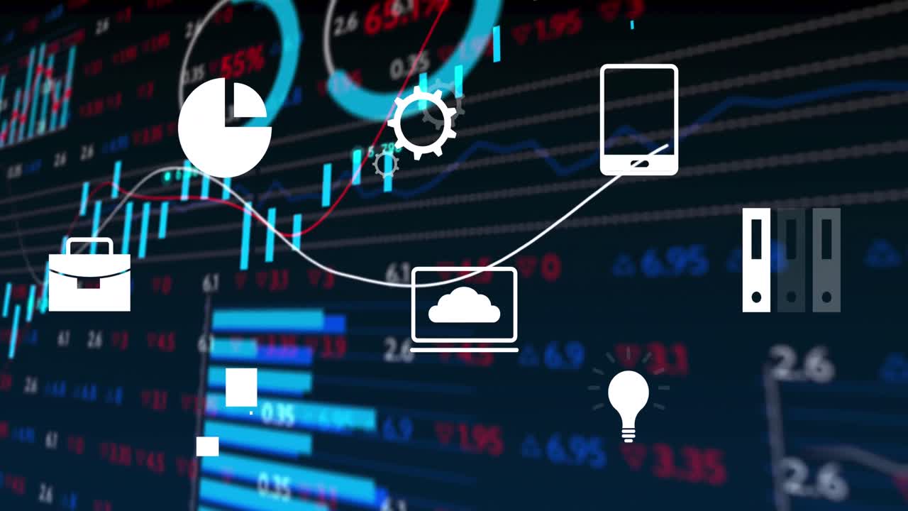 animación de iconos digitales sobre el procesamiento de datos estadísticos y del mercado de valores contra un fondo azul