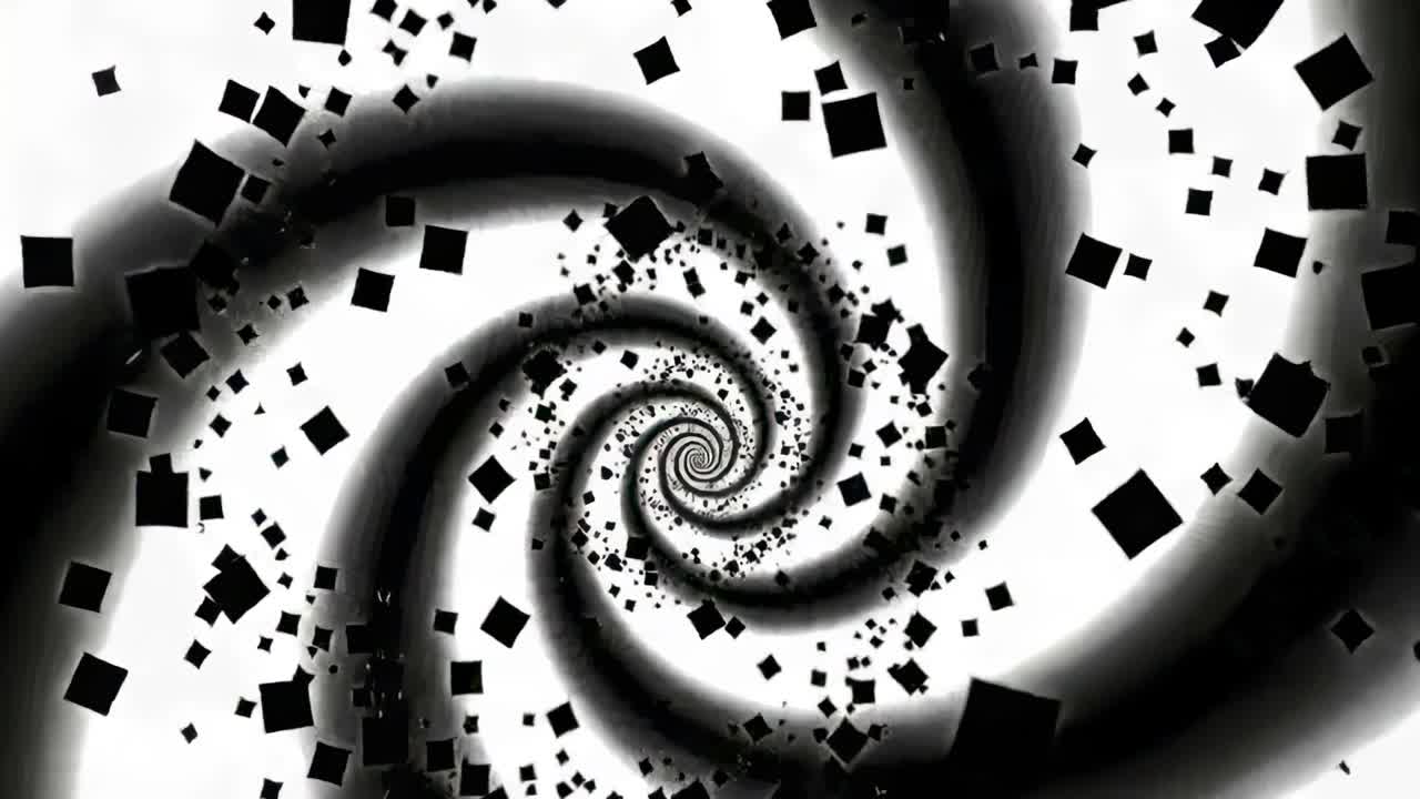 Spinning mid spiral drawing black squares inward while frames moving in gradient vortex, bright hub