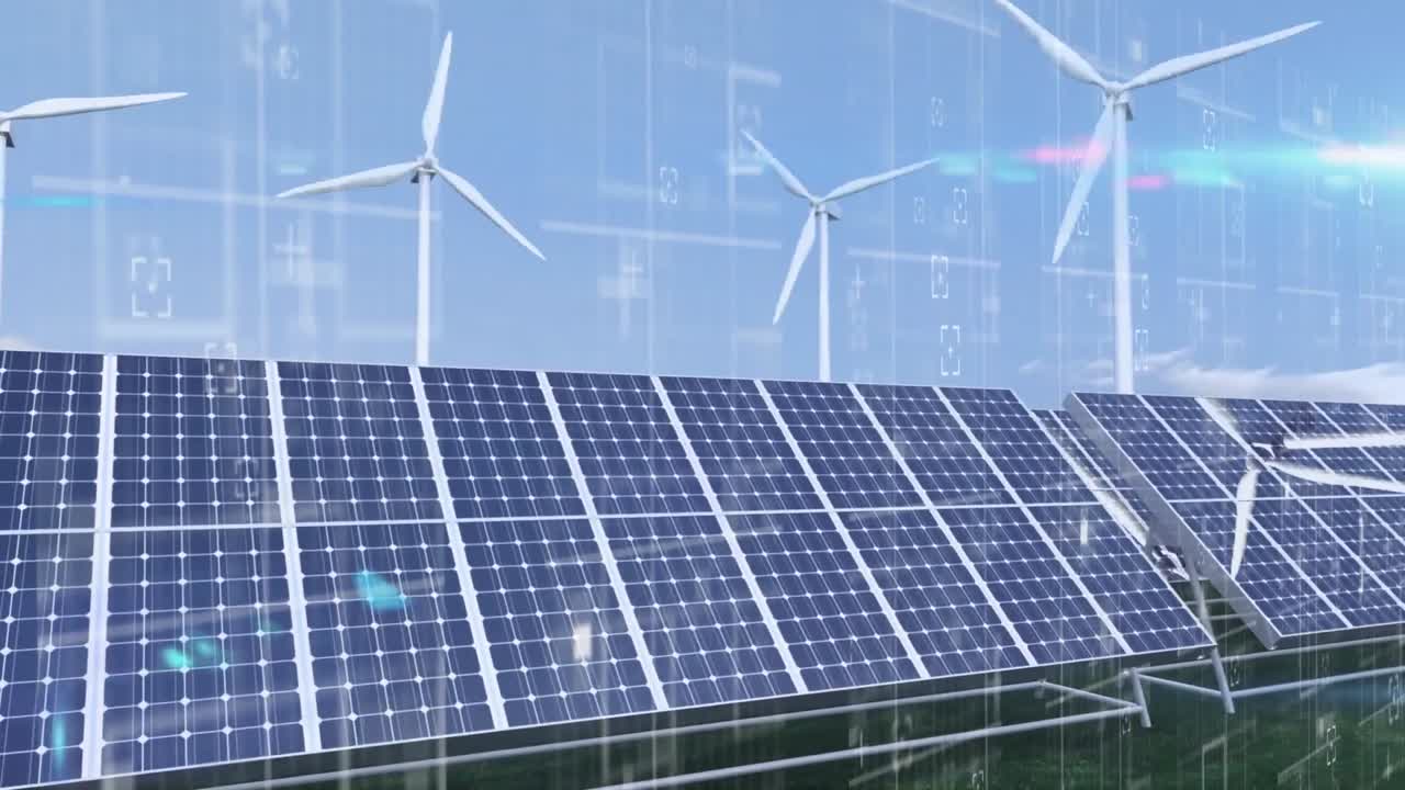 태양 전지 패널과 여러 풍차가 파란 하늘을 향해 회전하는 것에 대한 범위와 데이터 처리