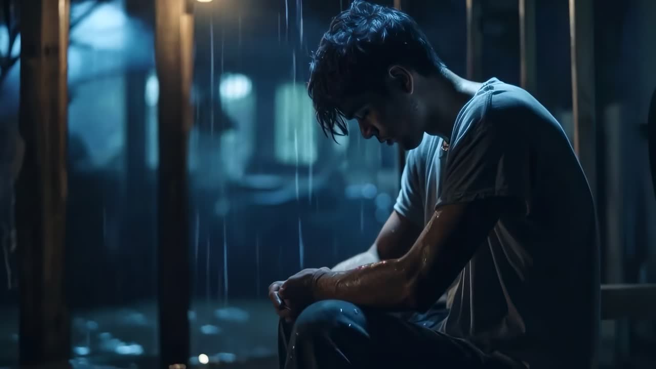 Moody video scene with a side angle capturing a pensive man sitting in dim light
