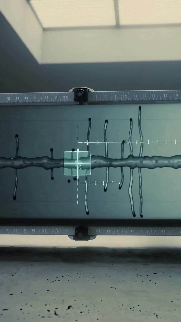 Vertical video: Appearing overlay centering over thinning liquid filament at bench, measuring neck