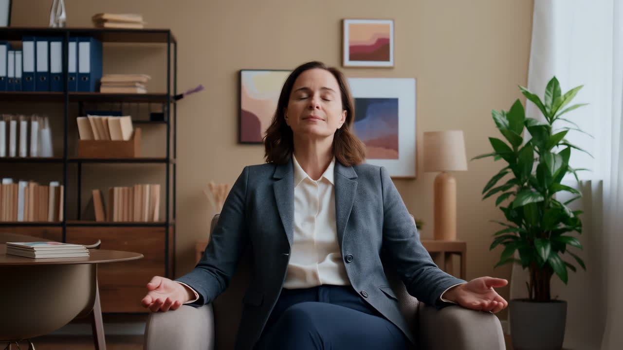 Mujer Profesional Meditando en la Oficina para Aliviar el Estrés y Fomentar la Atención Plena