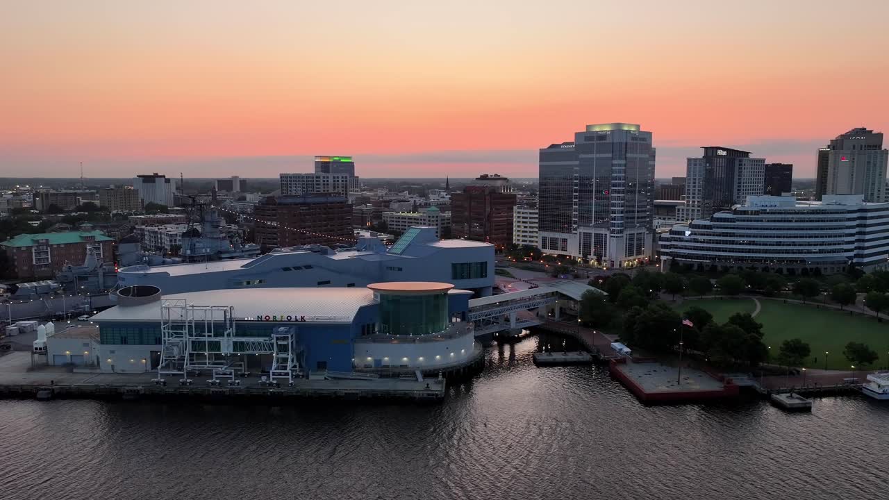 Aerial view of the Norfolk Virginia Waterfront, right before sunrise