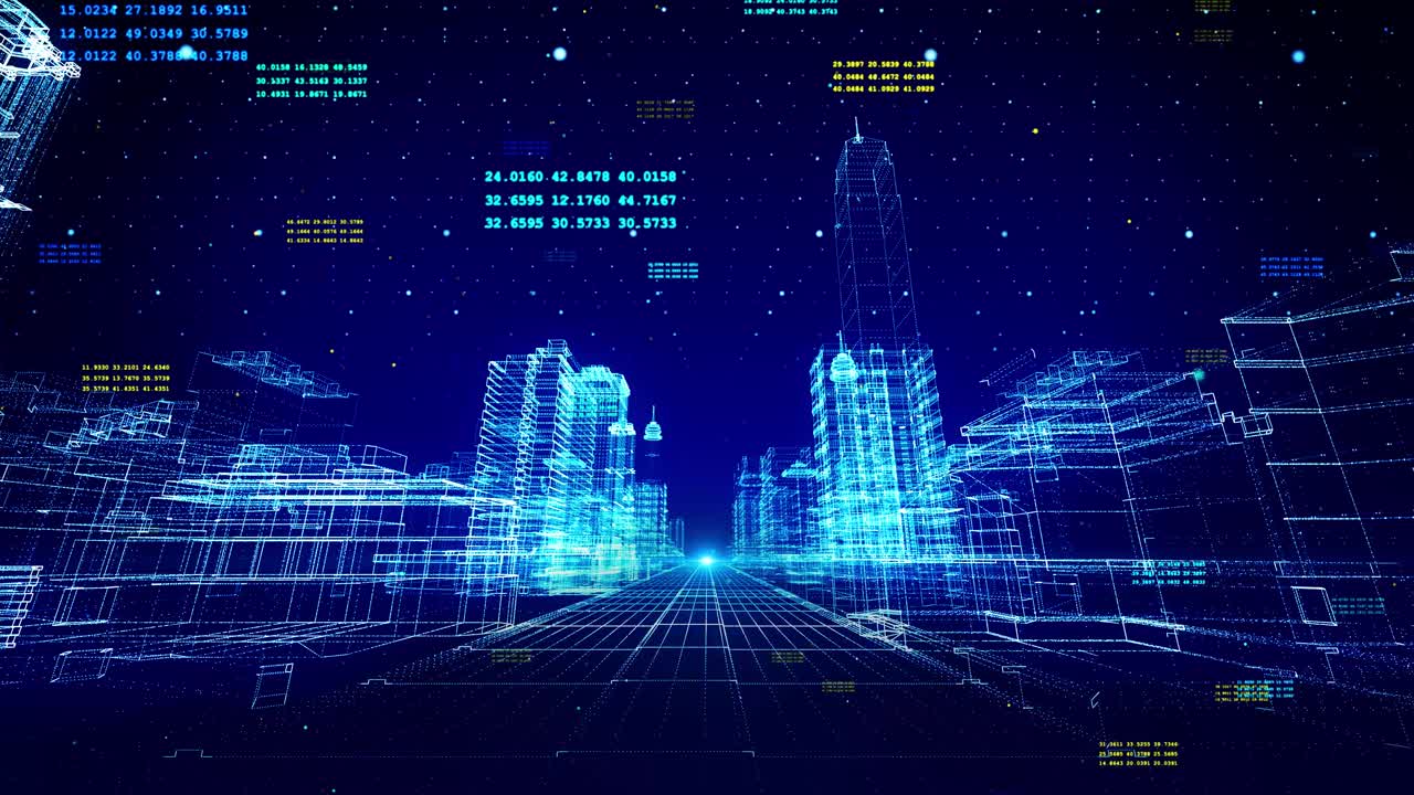 Digital cyber city hologram loop animation background abstract 3d hologram with futuristic matrix