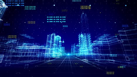 digital cyber city hologram loop animation background abstract 3d hologram with futuristic matrix