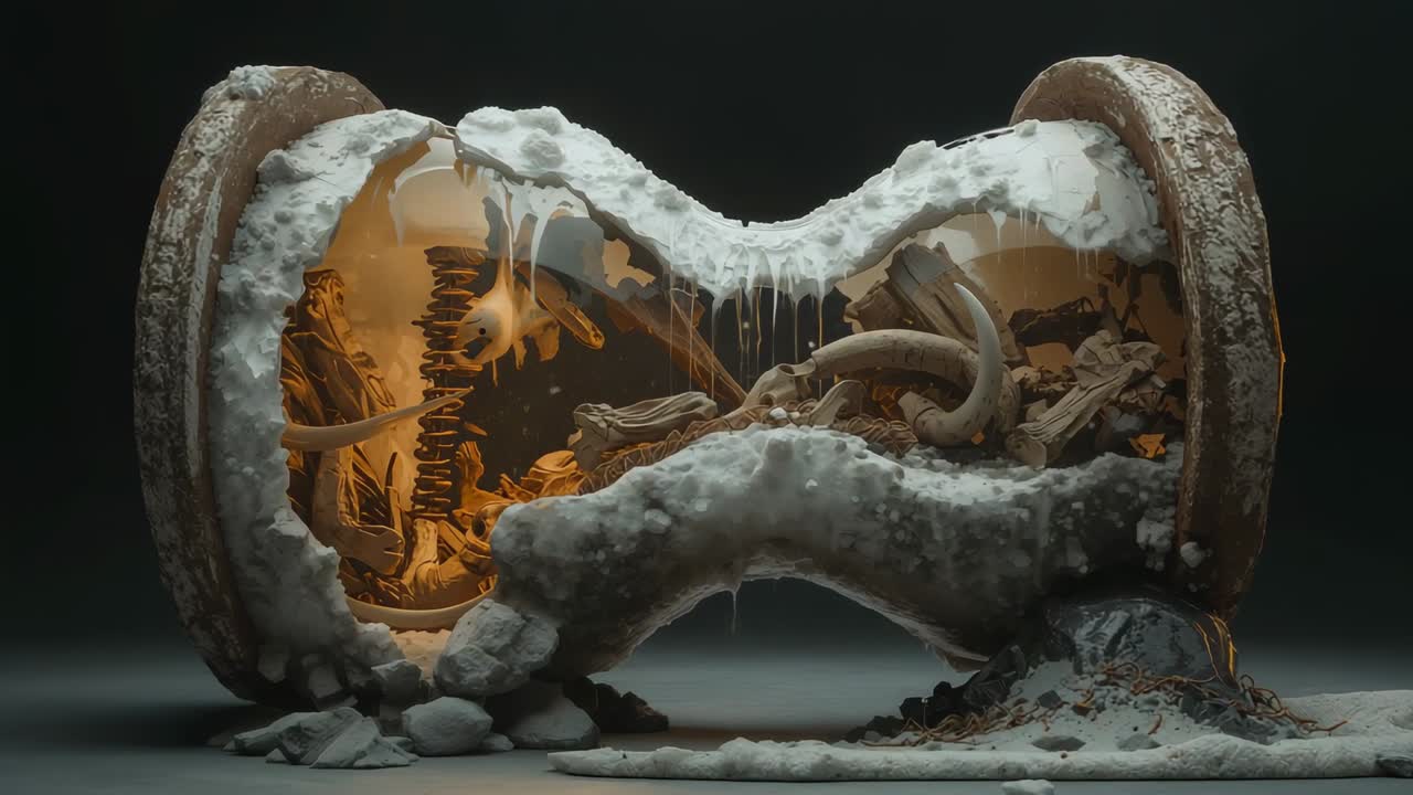 Warming amber glow thawing frost and revealing organic coils inside hourglass on grey tabletop