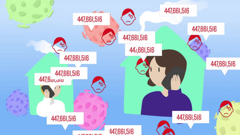 animation of covid 19 cells and icons over people using phones