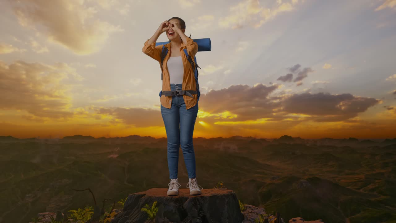 cuerpo lleno de excursionista femenina asiática con mochila de montañismo sonriendo y haciendo gestos de binoculares luego mirando a su alrededor mientras está de pie en la cima de la montaña durante el atardecer