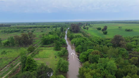 a motorboat moves along a murky river, surrounded by lush trees and dense bushes.
