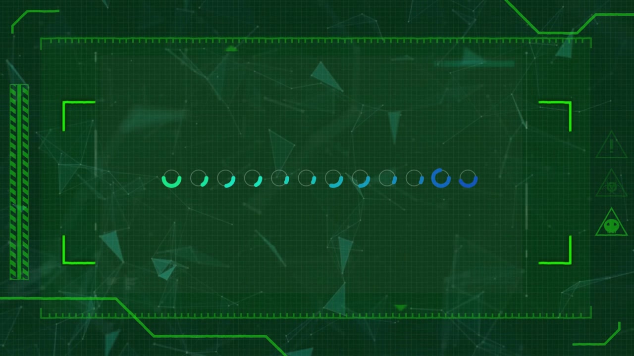 Animazione di elaborazione dati con scansione dello scope e marcatori in movimento su sfondo verde.