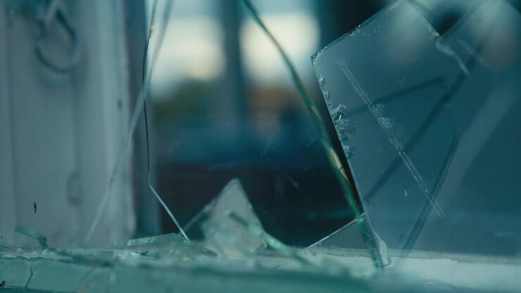 Cinematic macro shot of shattered glass with jagged fragments and sharp edges. Abstract composition with cool blue tones, reflections and shallow depth of field.