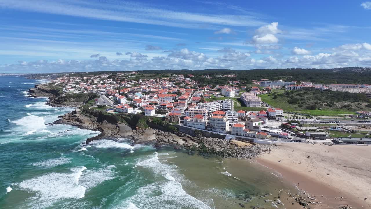 Coast Village At Sintra In Lisbon District Portugal. Beach Landscape. Tourism Landmark. Cityscape Aerial View. Coast Village At Sintra In Lisbon District Portugal