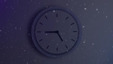 Animation-of-snowfall-over-wall-clock-against-white-background