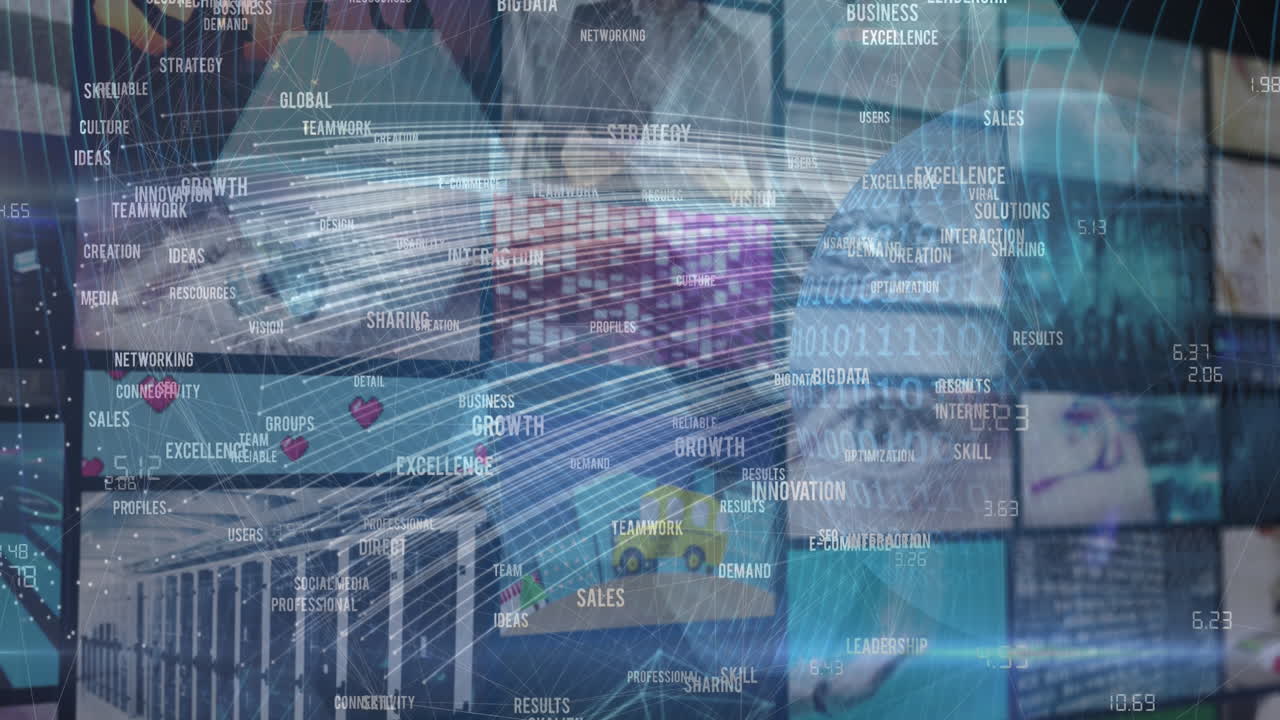 Animation of numbers changing and data processing on screens