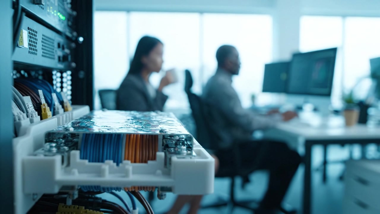 A Professional Office Setting Featuring IT Specialists Working on Computers with Networking Equipment in the Foreground and Modern Workspace in the Background