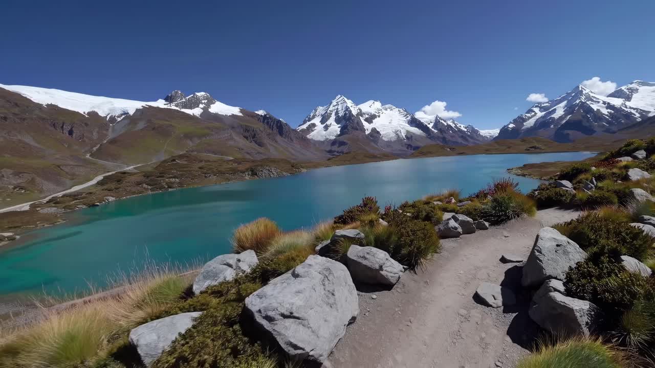 Video grandangolare che cattura un pittoresco lago di montagna con un sentiero tortuoso, mettendo in mostra la bellezza naturale