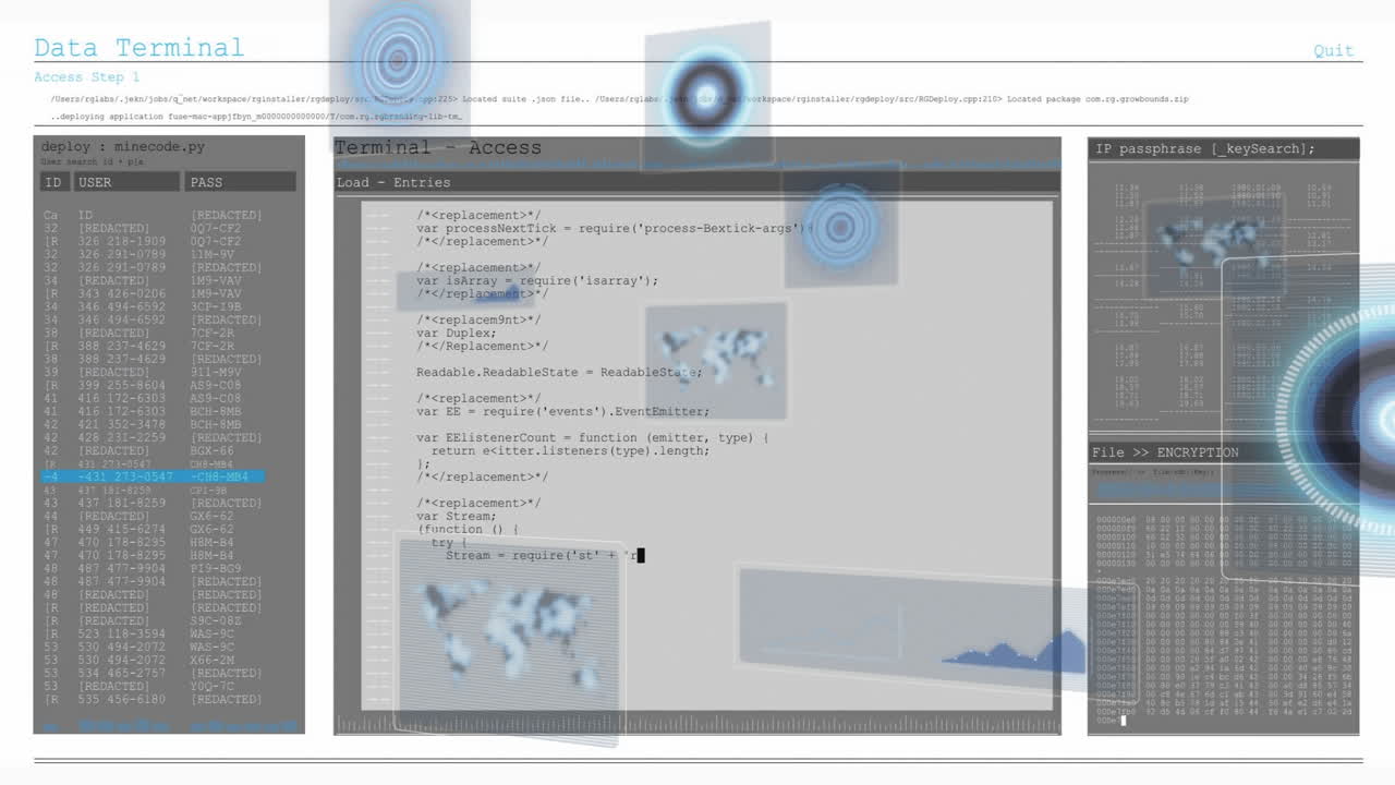 Displaying animation, computer terminal with code and digital interface in school