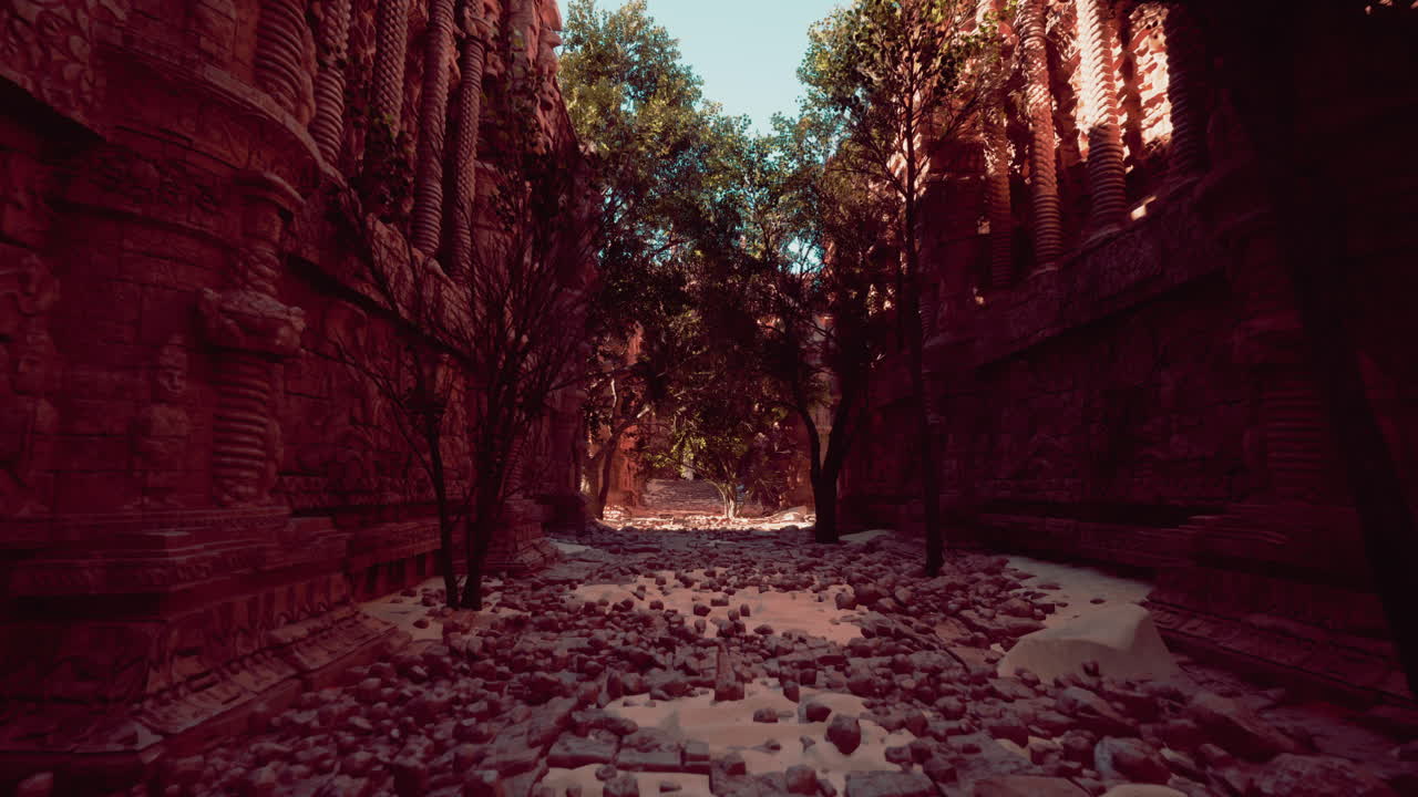 정글에 있는 폐허가 된 고대 사원