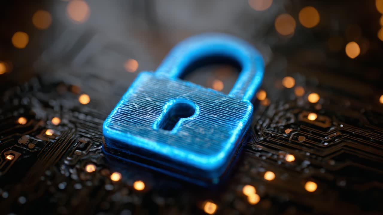 A Glowing Digital Padlock Symbolizing Secure Technology and Data Protection Against Cyber Threats with a Background of Soft Lights and Circuitry Patterns