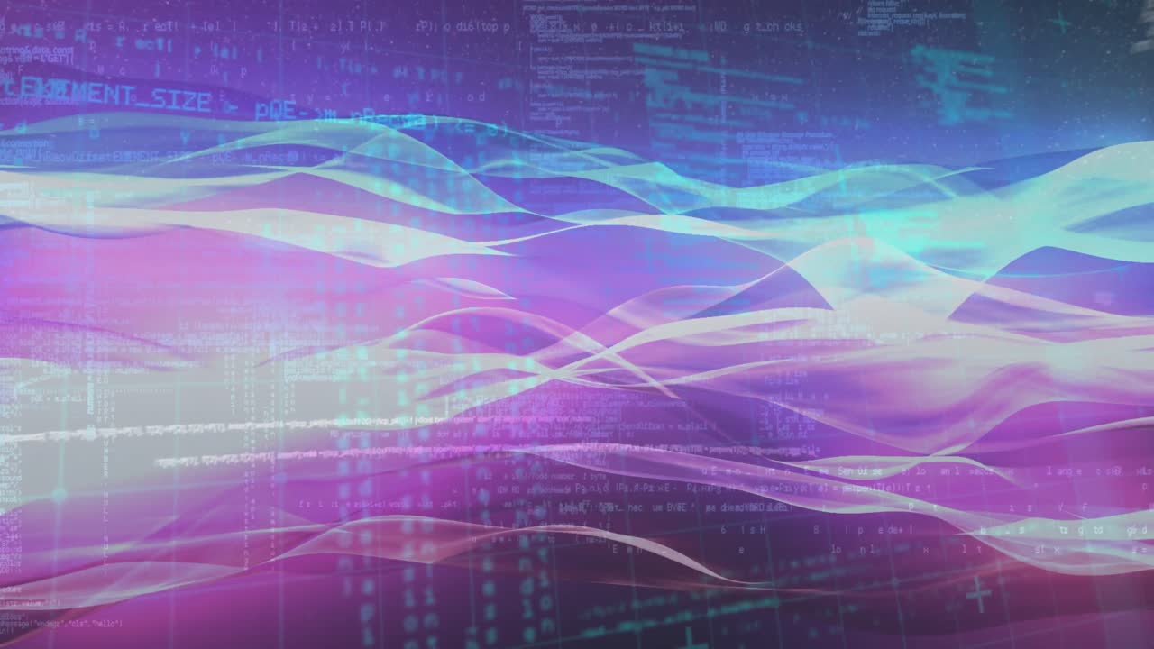 Animation of wave pattern and grid pattern over computer language in background