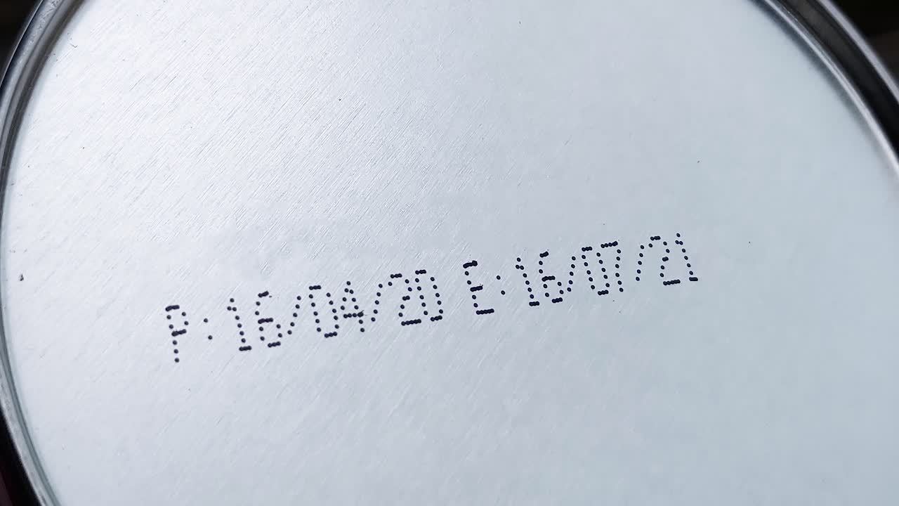 la mano de un hombre sostiene la comida enlatada boca abajo para revelar la fecha de envasado y la fecha de caducidad o los detalles de la fecha de caducidad para comprobar la frescura de la comida