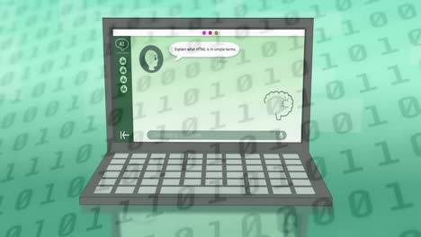 Animation of ai data, chat and icons on laptop screen and binary coding