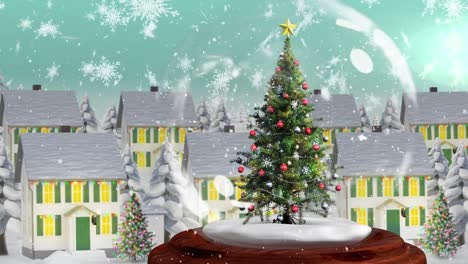Wunderschöne-Weihnachtsanimation-Des-Weihnachtsbaums-Im-Magischen-Dorf-Vor-Dem-Hintergrund-Der-Fallenden-Schneeflocken
