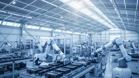 a high-tech manufacturing facility with advanced robotic arms and automated systems enhancing production efficiency in a bright, spacious environment