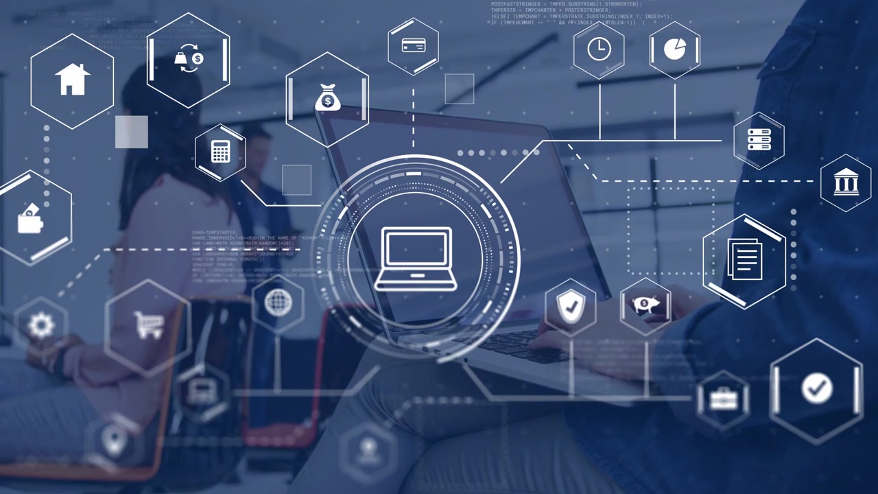 Laptop-Nutzer tippt in einer Besprechung, während Business-HUD-Symbole sich erweitern und Netzwerkdaten visualisiert werden.