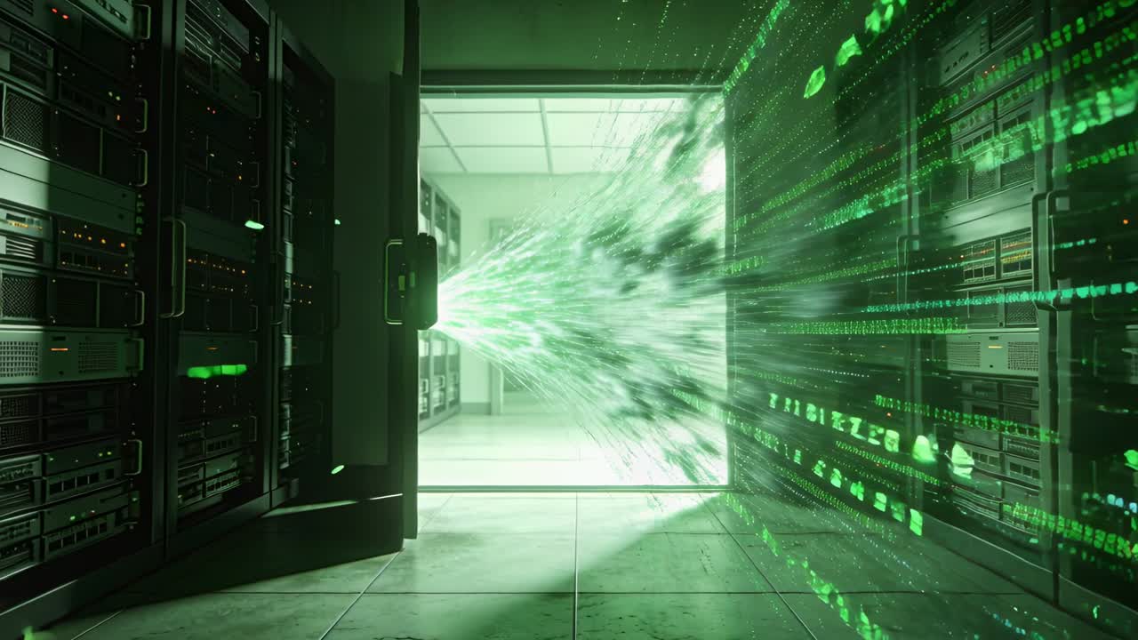Streaming green data flow moving between server racks toward camera, triggered by ajar door