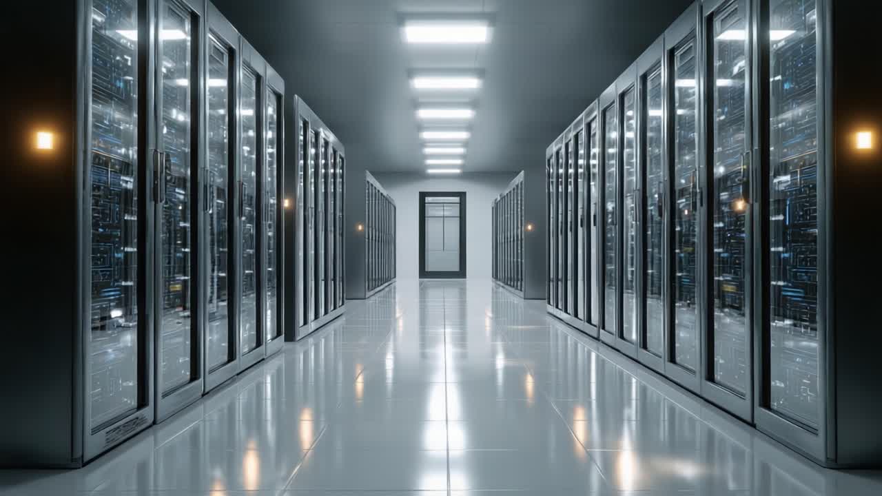 A Sleek, High-Tech Data Center Corridor Featuring Rows of Server Racks with Glowing Lights and Reflective Floors, Showcasing Advanced Digital Infrastructure